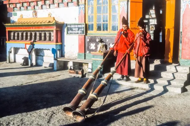 Monks of the old Ghoom monastery playing music